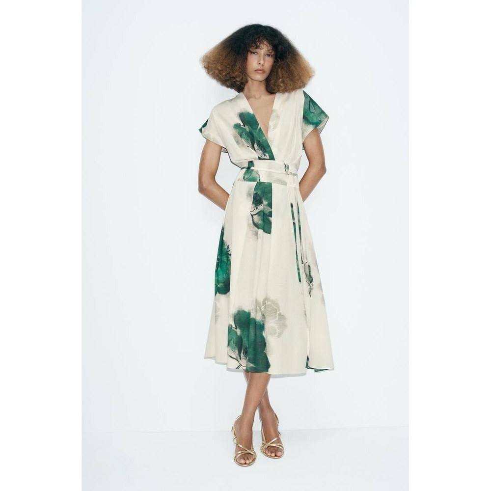 Zara Green Floral Cotton V-Neck Midi Dress Tie Waist Pleated Cream Size XL